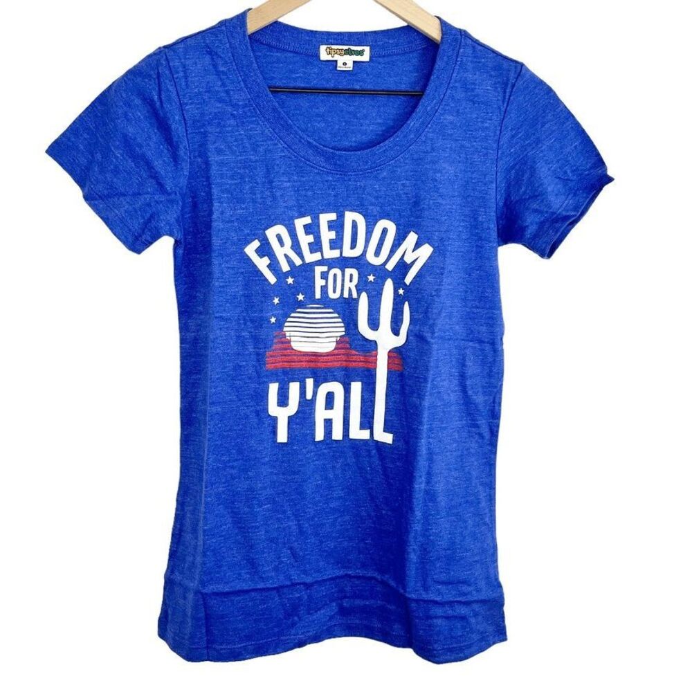 Tipsy Elves Women's Top Size S Blue‎ "Freedom For Y'All" Scoop Neck Graphic Tee
